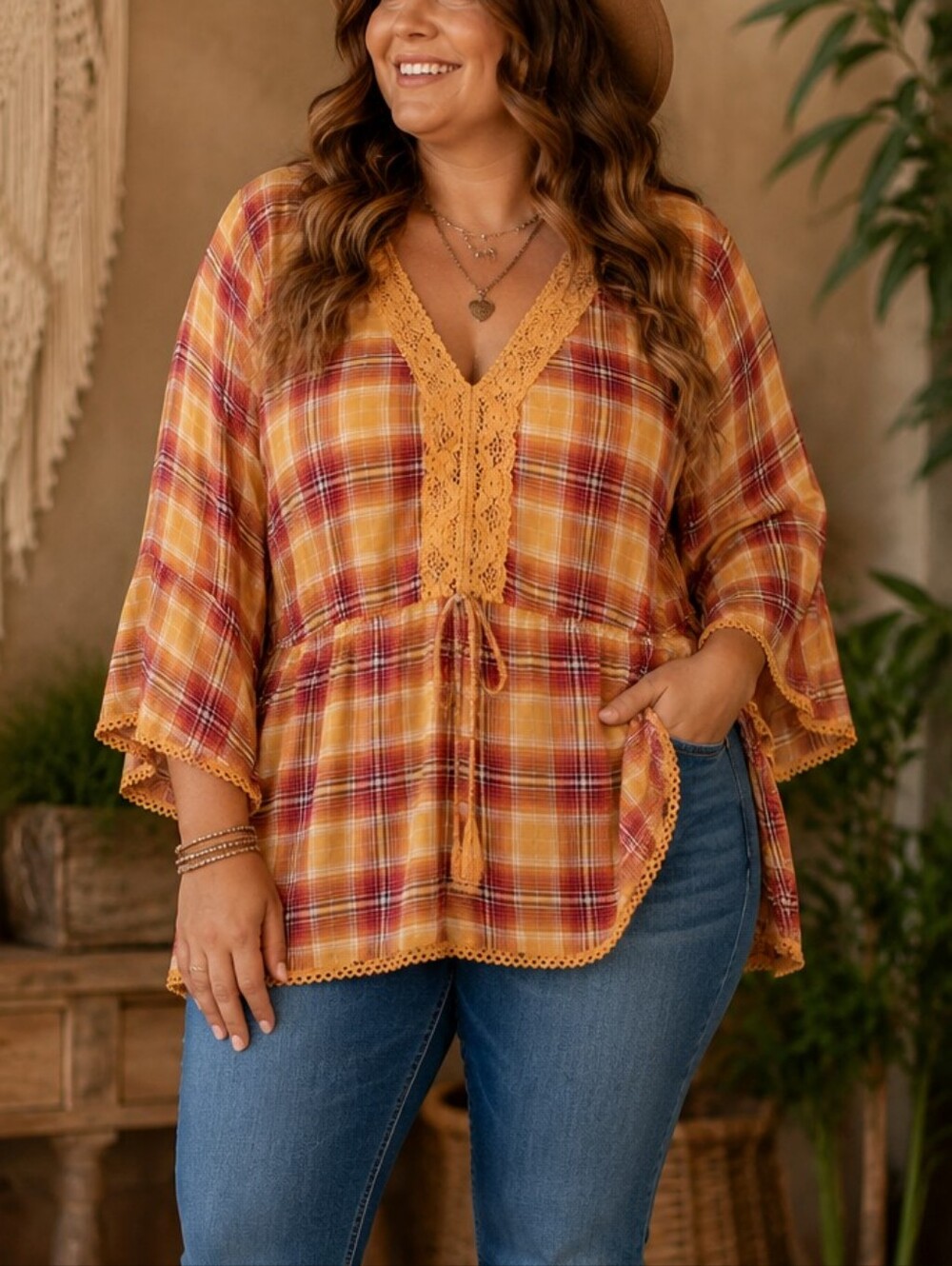 In Every Story Cozy Plaid Lace Trim V-Neck Tunic Top 1X Boho Cottagecore Fall